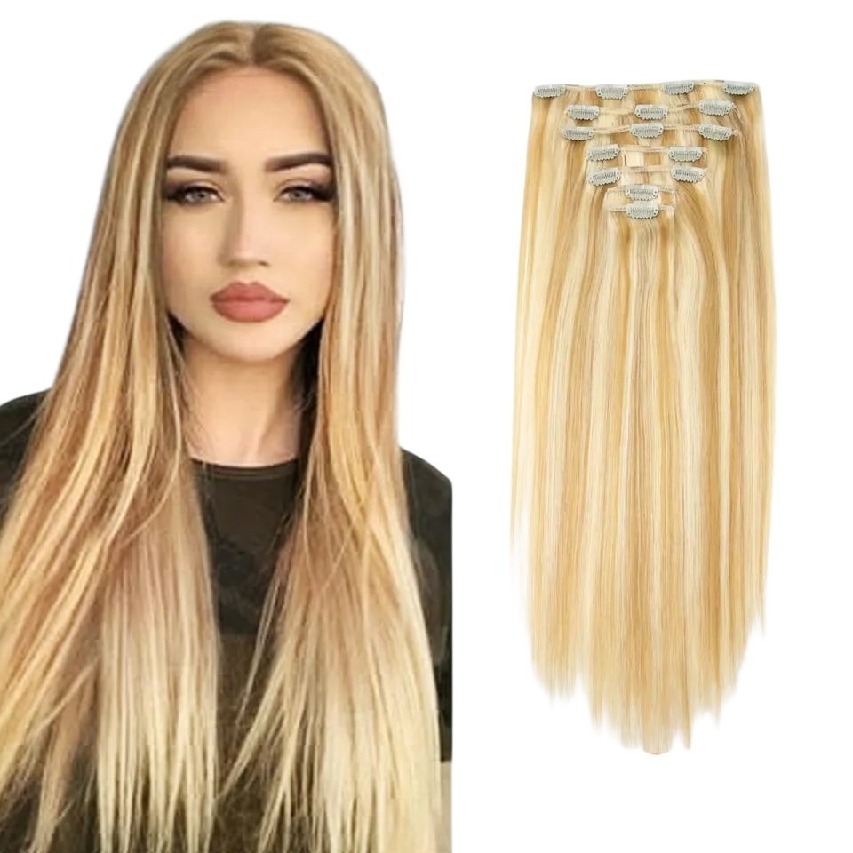 RitzWigs honey blonde straight human hair clip-in extensions shown on a model and as a set of seven pieces.