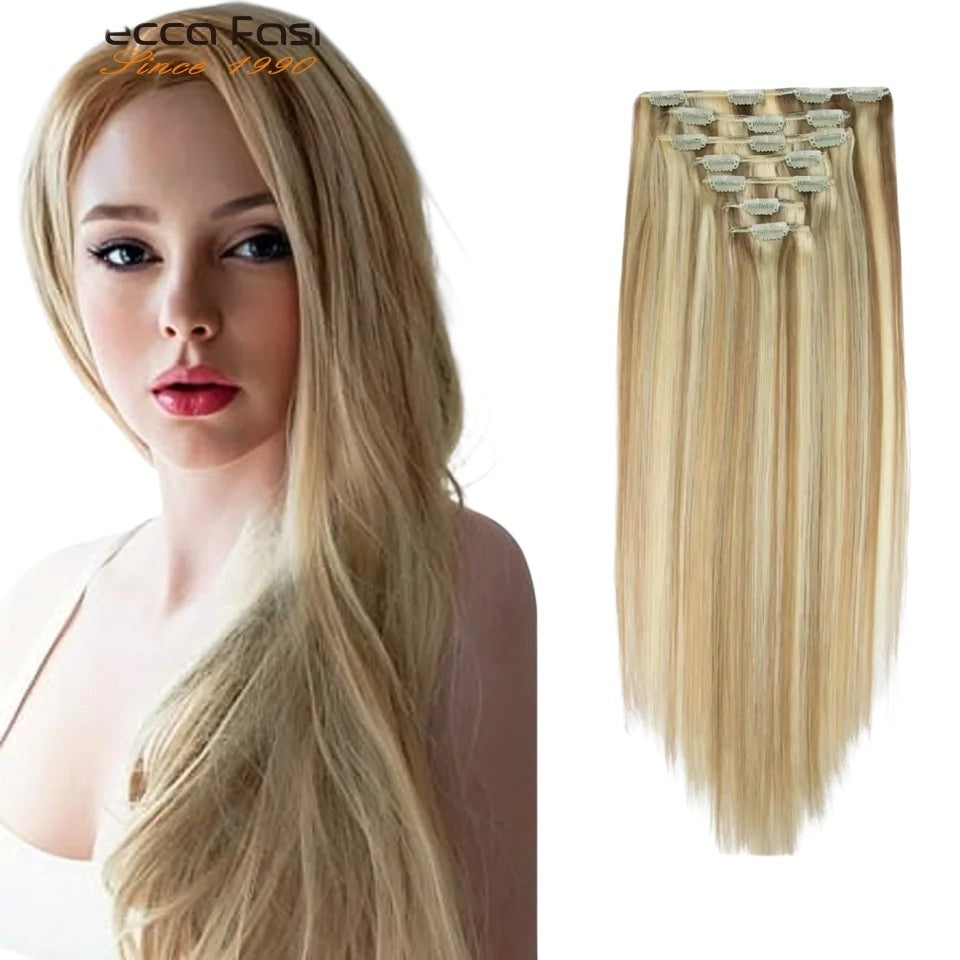 RitzWigs honey blonde straight human hair clip-in extensions with highlight P8/613 colour on a model