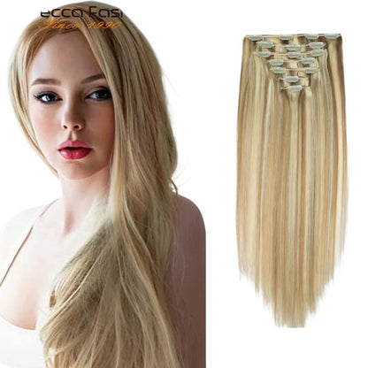 RitzWigs honey blonde straight human hair clip-in extensions with highlight P8/613 colour on a model