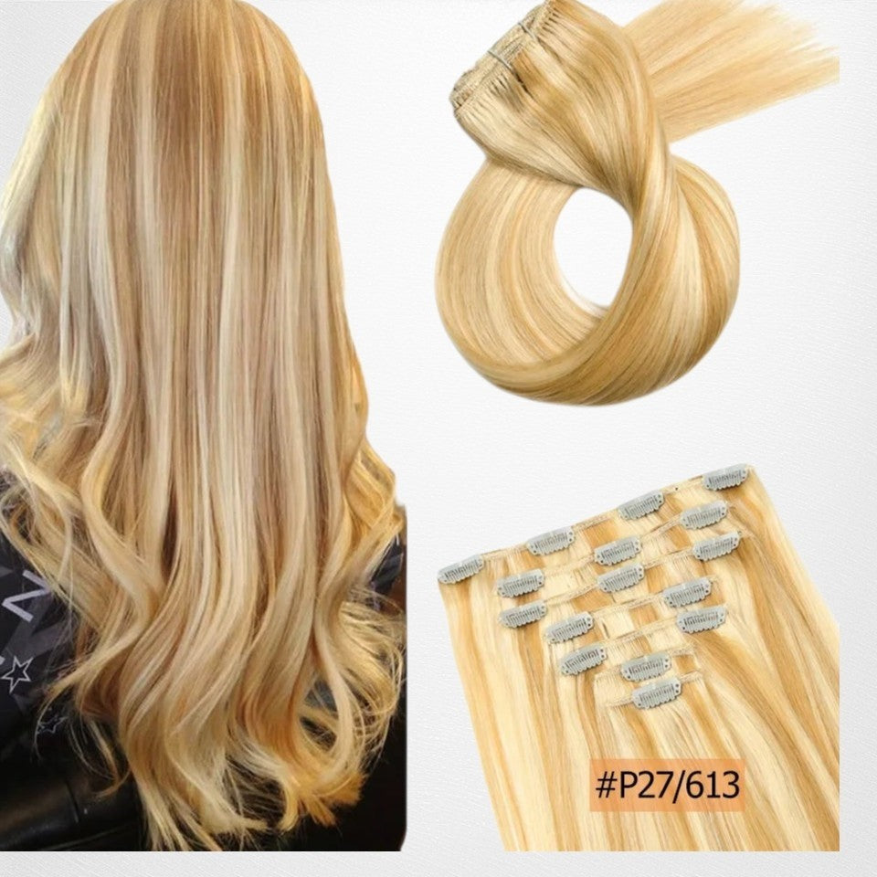 RitzWigs honey blonde straight human hair clip-in extensions with P27/613 highlights for added volume and length