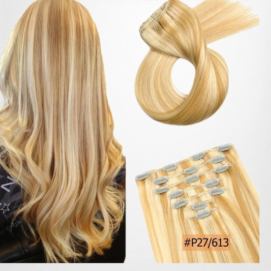 RitzWigs honey blonde straight human hair clip-in extensions with P27/613 highlights for added volume and length