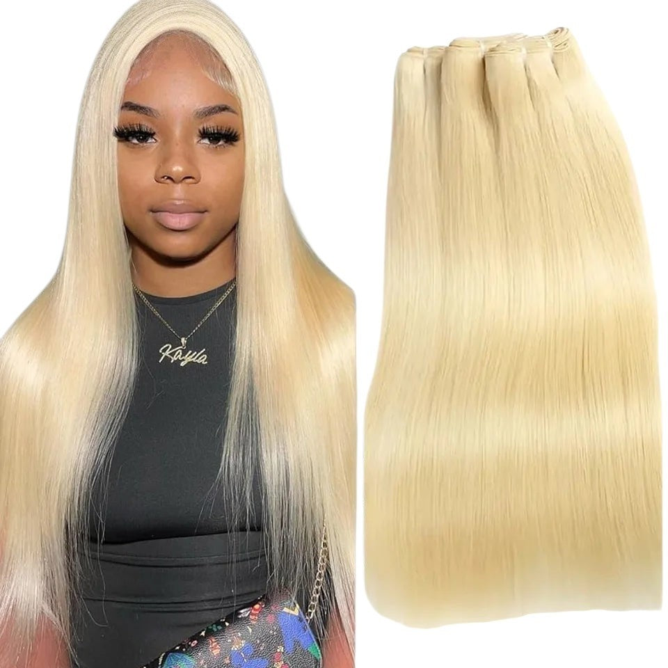 RitzWigs honey blonde straight human hair weave bundles with a model wearing the matching hair extension style