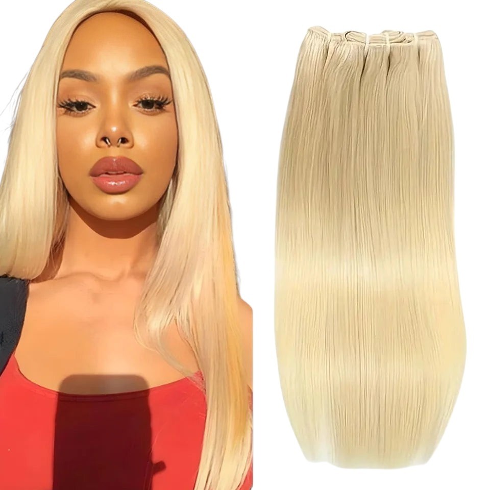 RitzWigs honey blonde straight human hair weave bundles with a model wearing the sleek, Remy hair extensions.