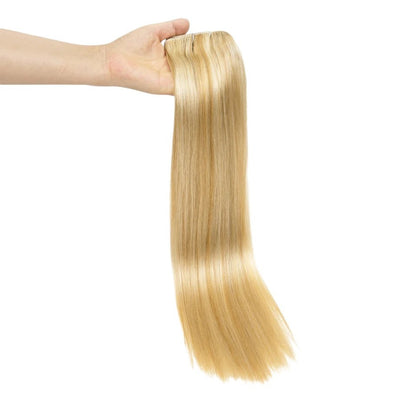 RitzWigs honey blonde straight human hair clip-in extensions held in a hand against a plain white background.