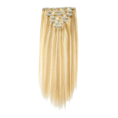 RitzWigs honey blonde P27/613 straight human hair clip-in extensions, 20 inches long and 100 grams in weight.