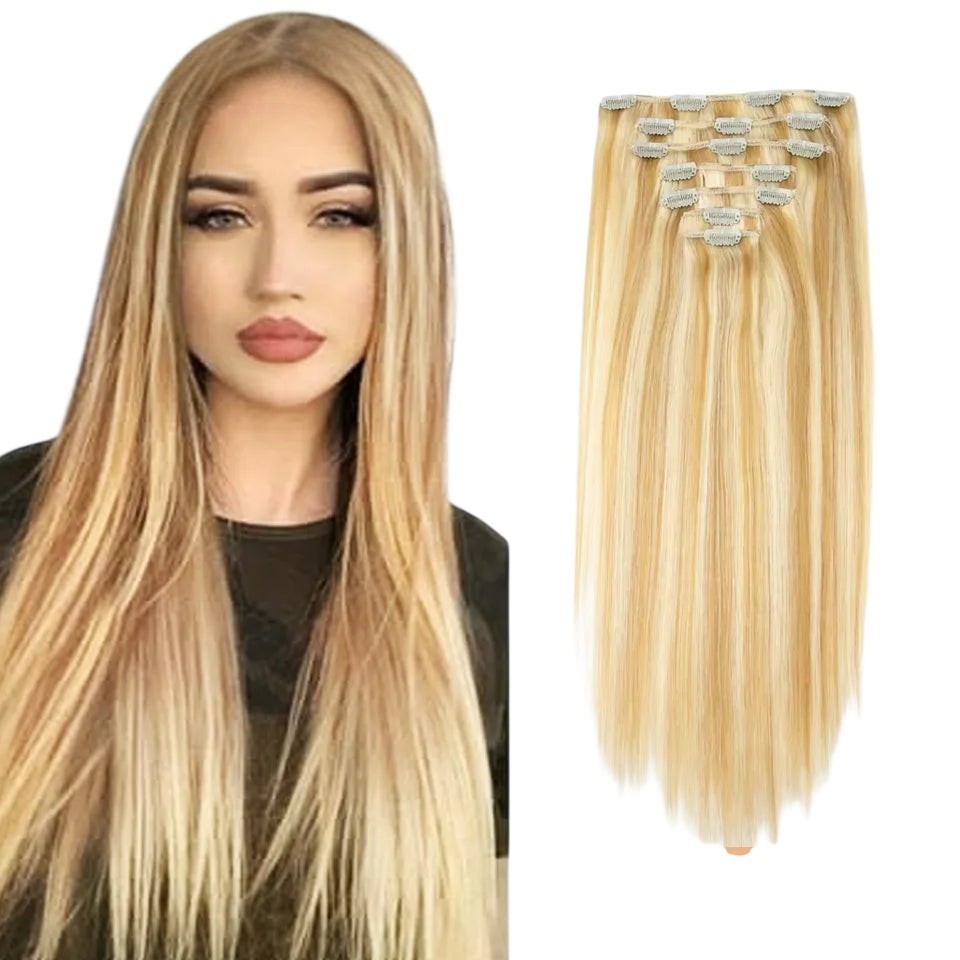 RitzWigs honey blonde straight human hair clip-in extensions worn by a model for a natural, long-haired look.
