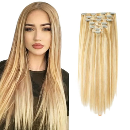 RitzWigs honey blonde straight human hair clip-in extensions worn by a model for a natural, long-haired look.