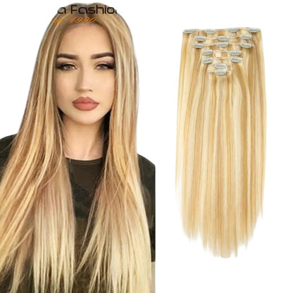 RitzWigs honey blonde straight human hair clip-in extensions with #P27/613 highlights on a model