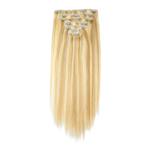 RitzWigs honey blonde P27/613 straight human hair clip-in extensions, 7-piece set for added volume and length.
