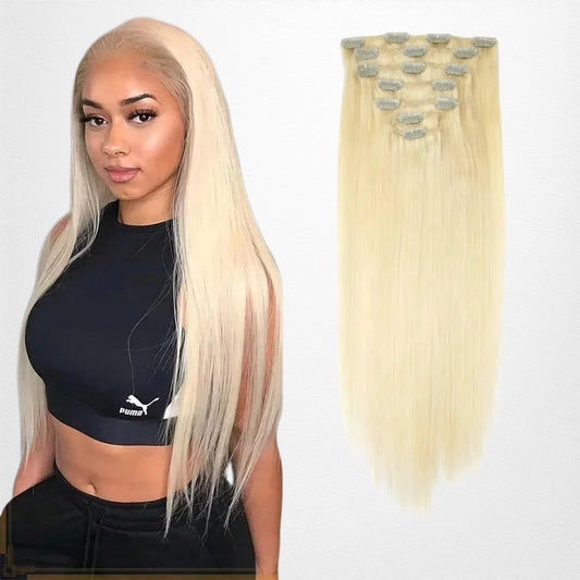 RitzWigs honey blonde straight human hair clip-in extensions set for women, featuring a 7-piece double weft design.
