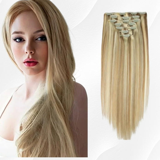 RitzWigs honey blonde straight human hair clip-in extensions, 7-piece set for natural volume and length.