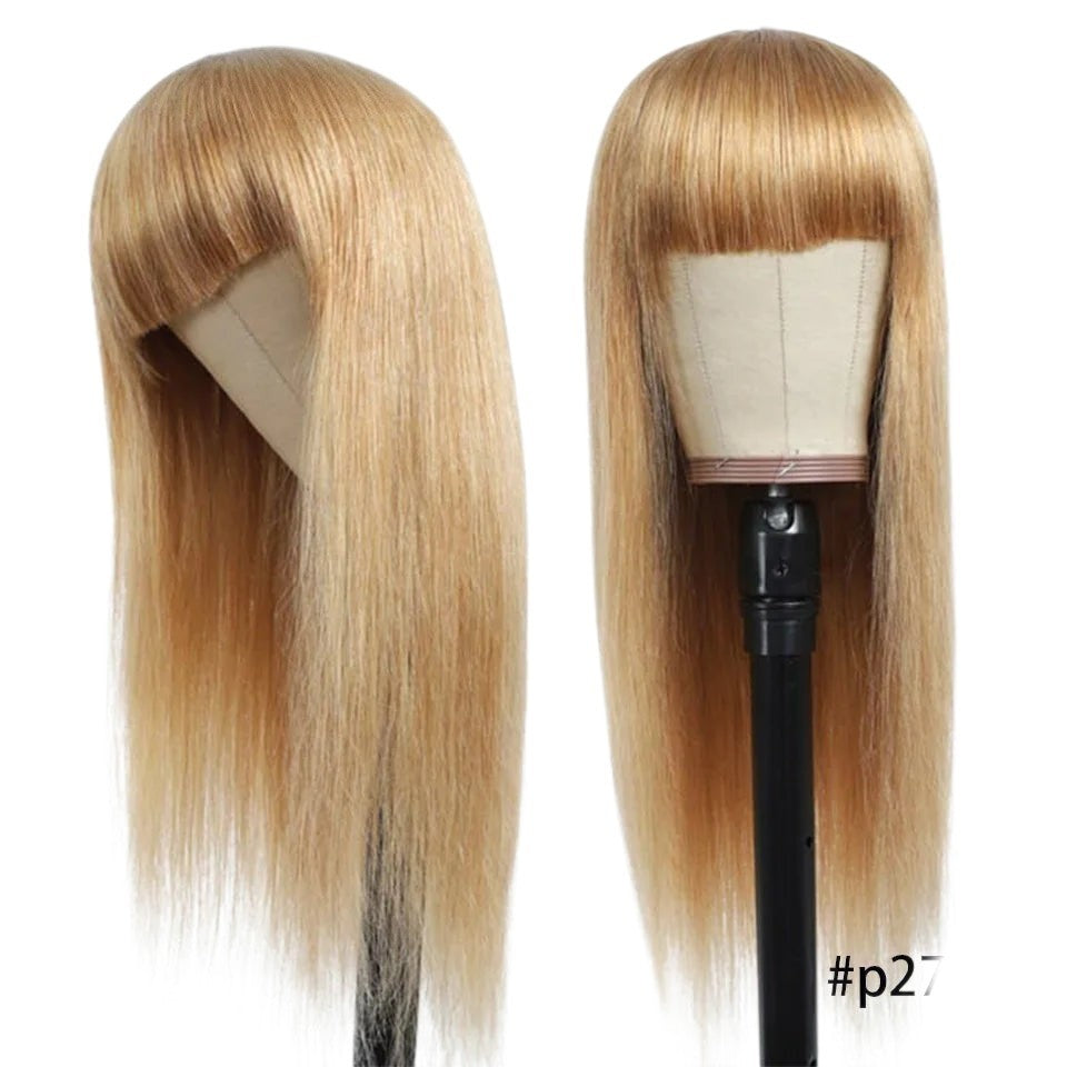 RitzWigs honey blonde straight human hair wig with bangs on a mannequin head, showing front and side profiles.