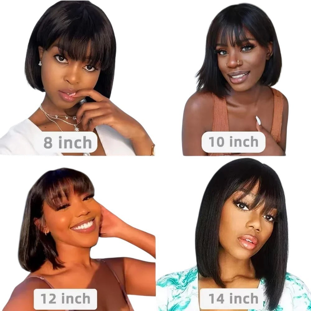 RitzWigs human hair bob wigs with bangs in various lengths from 8 to 14 inches on models