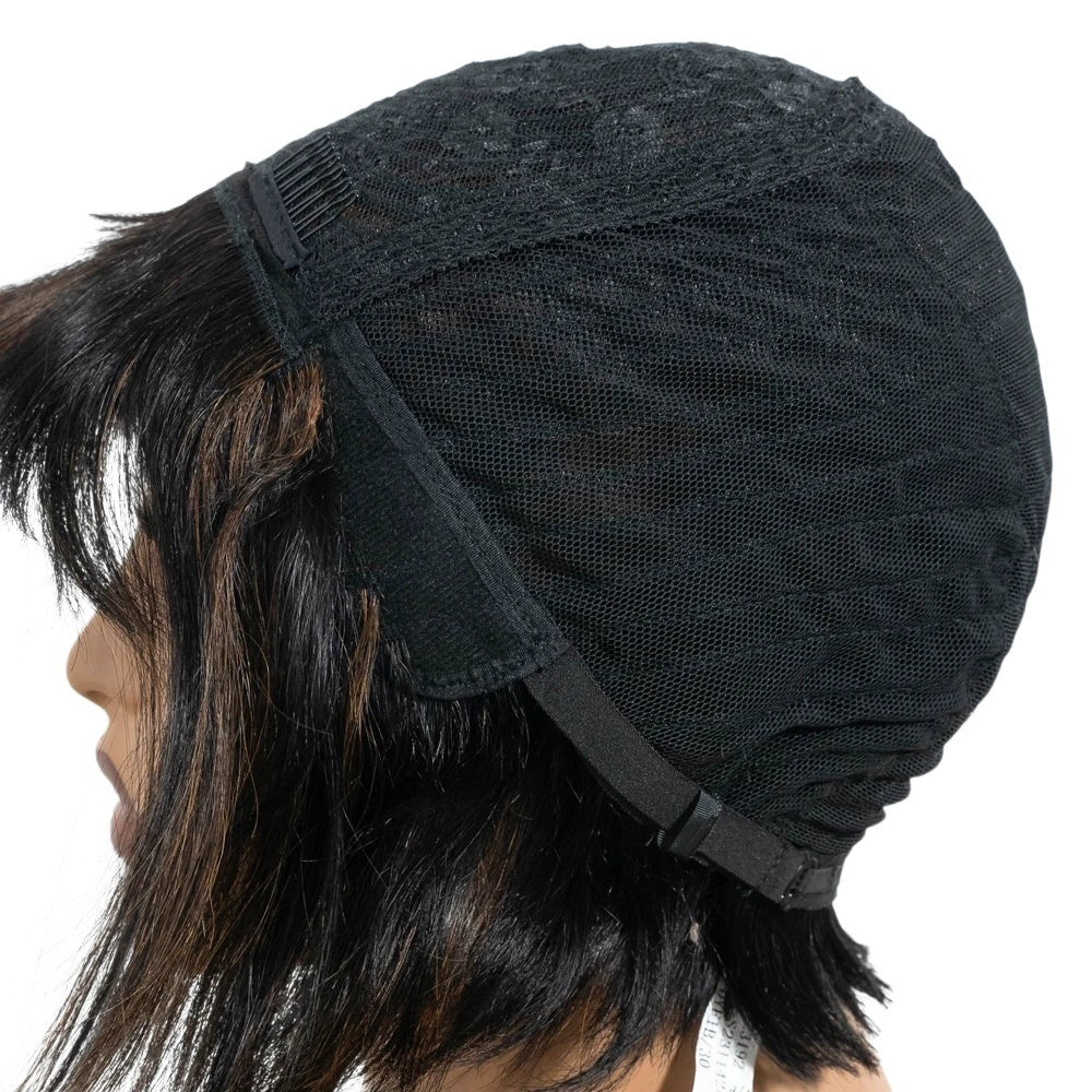 RitzWigs human hair bob wig interior showing the adjustable glueless mesh cap construction and dark brown highlights