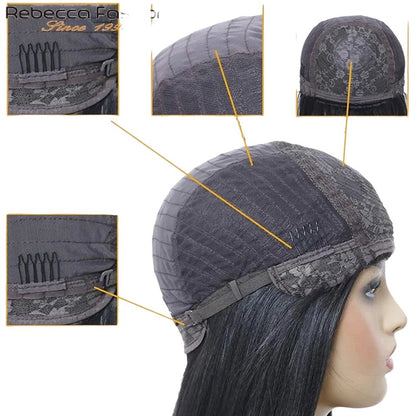 RitzWigs human hair bob wig cap construction showing breathable rose mesh, adjustable elastic straps, and secure combs