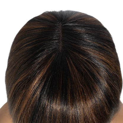 RitzWigs Brazilian Remy human hair bob wig with a natural middle part and realistic scalp on light brown Swiss lace