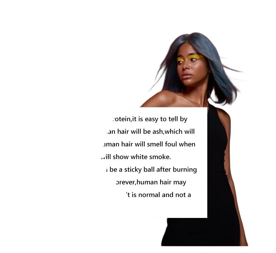 RitzWigs educational graphic showing a model with blue hair against a red background to distinguish human hair