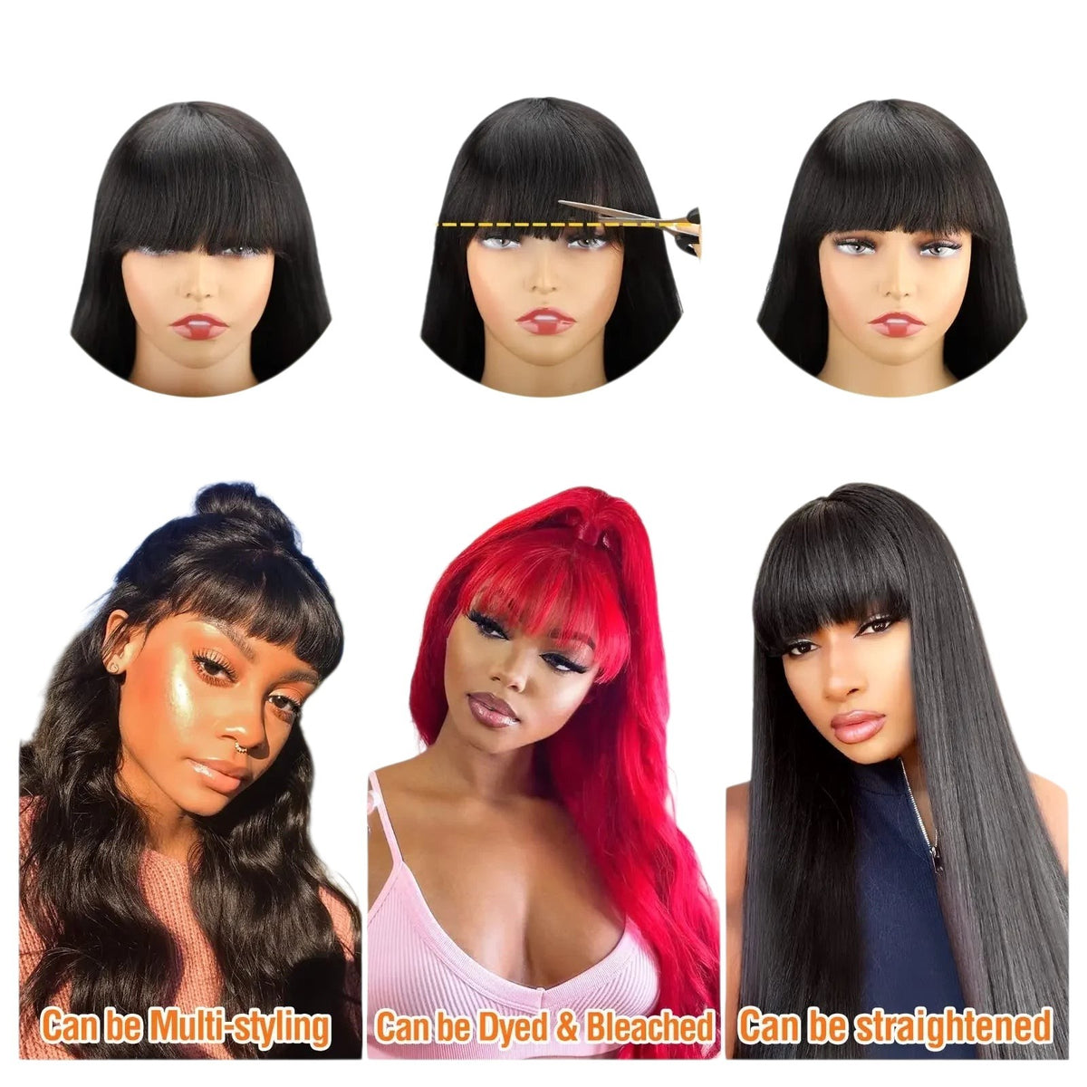 RitzWigs human hair wig with bangs, showing styling steps and models with wavy black, red, and straight black hair.
