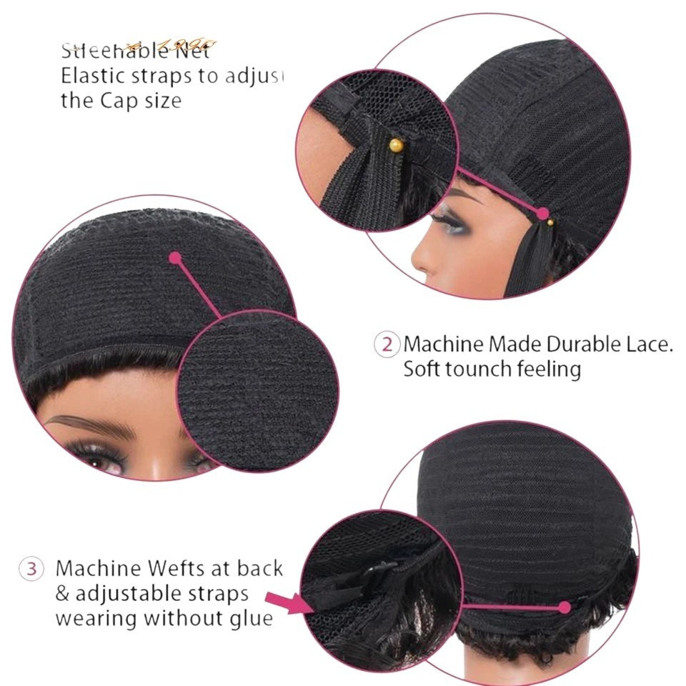 RitzWigs human hair wig cap construction showing adjustable elastic straps and durable machine-made wefts