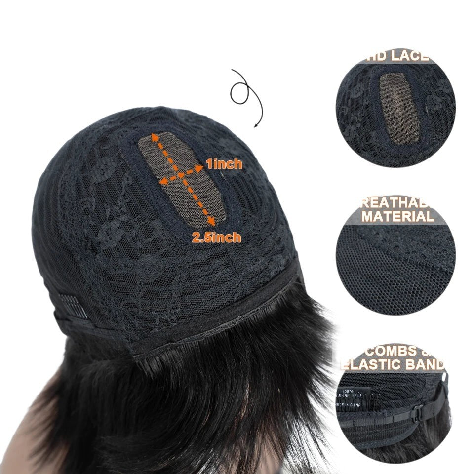 RitzWigs human hair bob wig cap construction featuring pre-bleached HD lace, breathable material, and adjustable bands.