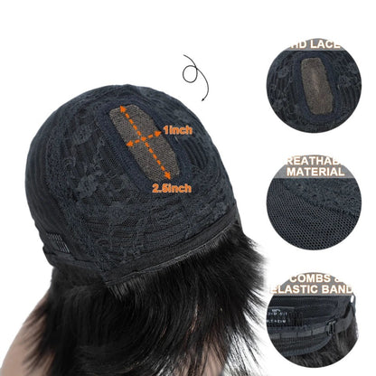 RitzWigs human hair bob wig cap construction featuring pre-bleached HD lace, breathable material, and adjustable bands.