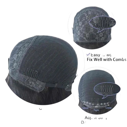 RitzWigs black human hair pixie wig showing the elastic lace cap construction with adjustable straps and secure combs
