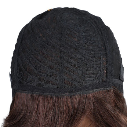 RitzWigs human hair wig interior showing the black lace cap construction and brown hair strands
