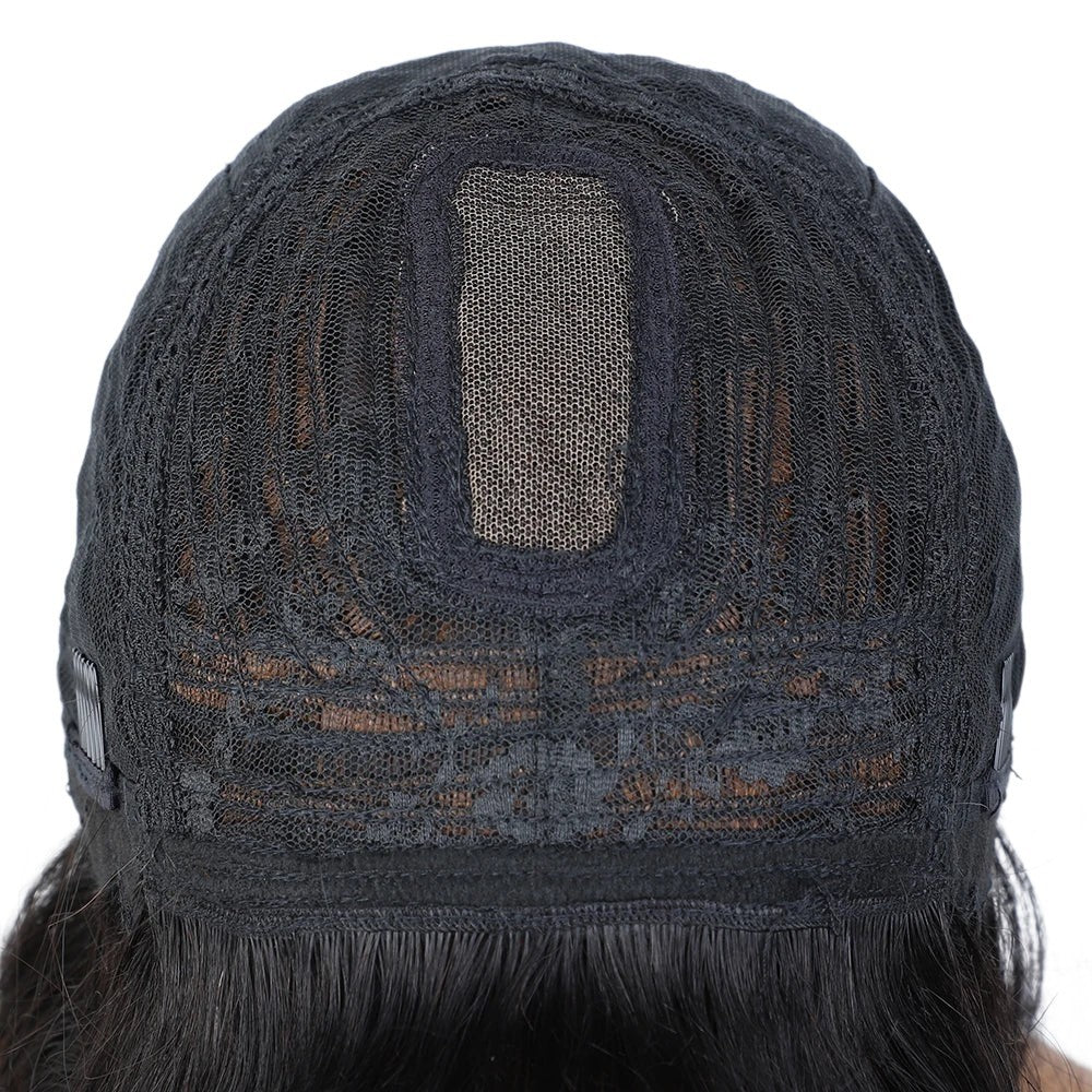 RitzWigs human hair wig cap interior showing Swiss lace base and adjustable straps for a secure fit