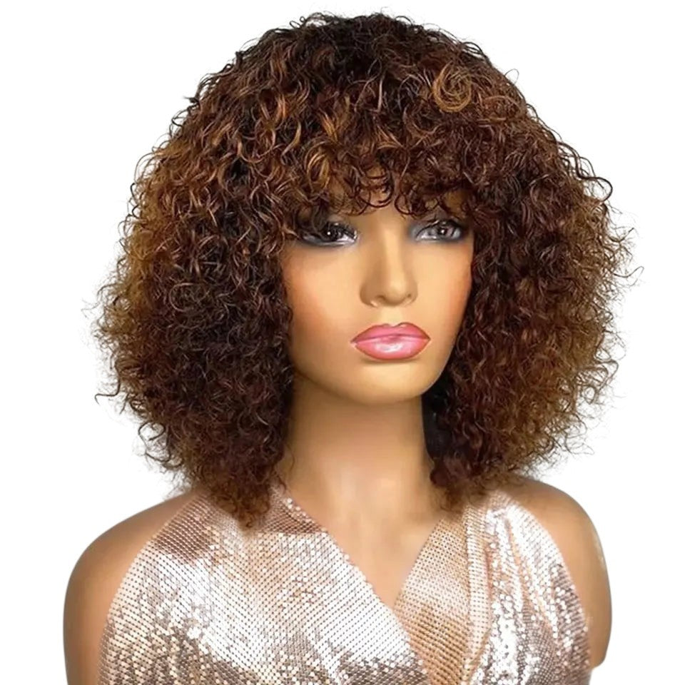 RitzWigs short jerry curly human hair bob wig with bangs in highlighted honey blonde on a mannequin head