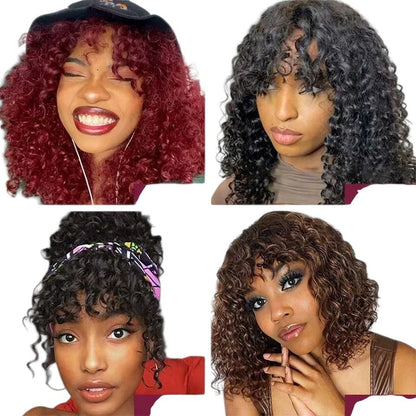 RitzWigs jerry curly human hair bob wigs with bangs in various colours including burgundy and brown on models
