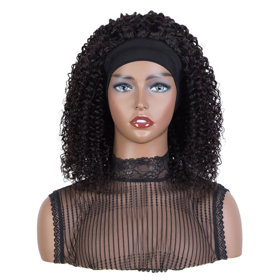 RitzWigs Brazilian Jerry curly human hair headband wig on a mannequin with black lace top