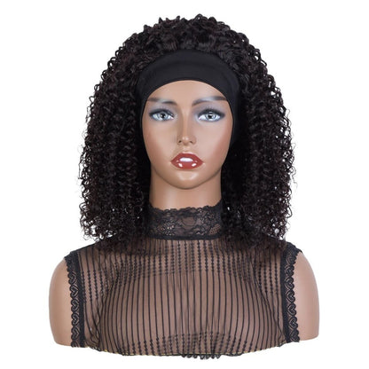 RitzWigs Brazilian Jerry curly human hair headband wig on a mannequin with black lace top