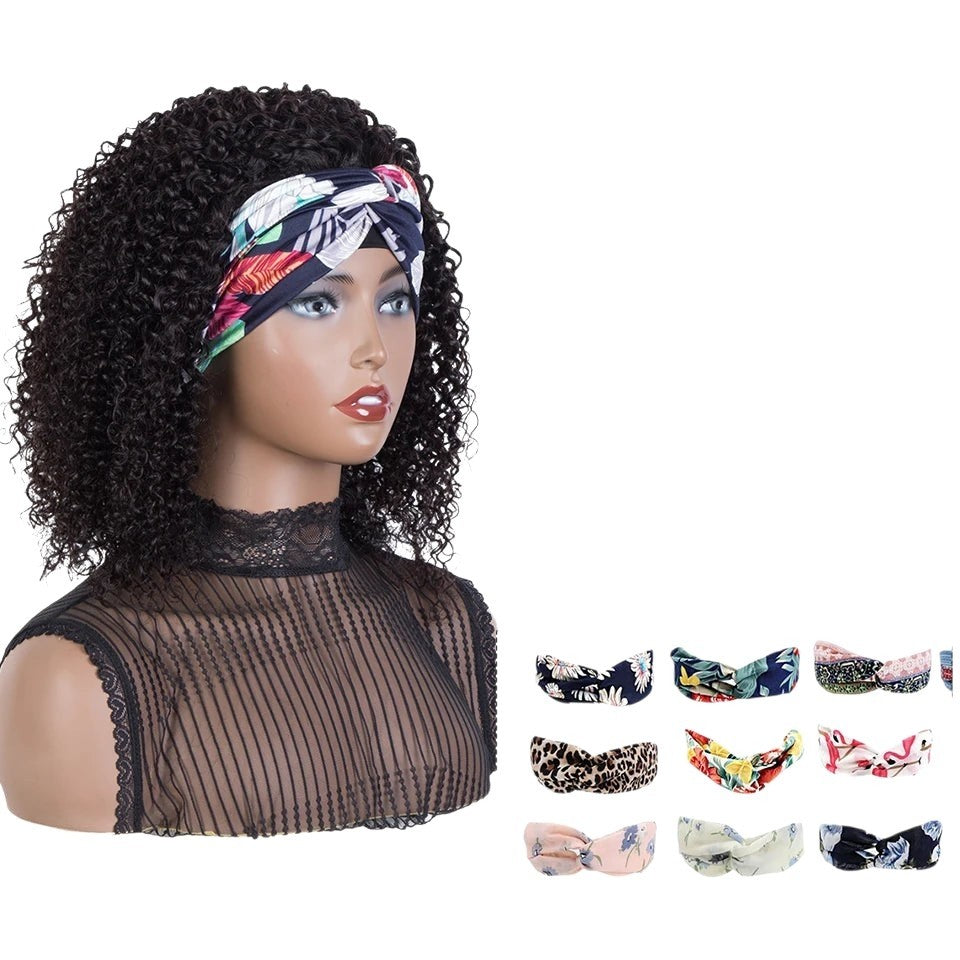 RitzWigs Brazilian Jerry curly human hair headband wig on a mannequin wearing a floral patterned headband