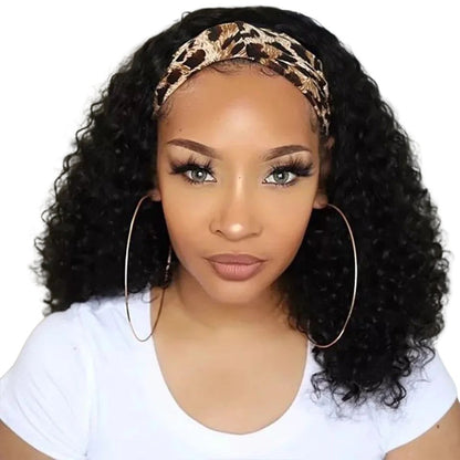 RitzWigs Brazilian jerry curly human hair headband wig with leopard print headband on a woman with large hoop earrings