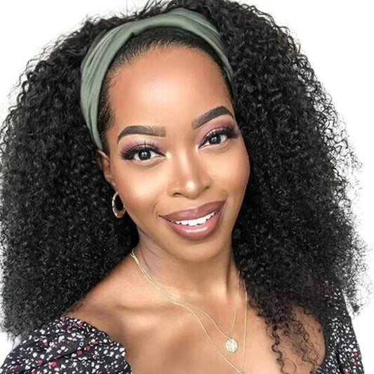 RitzWigs jerry curly human hair headband wig on a woman wearing a green headband
