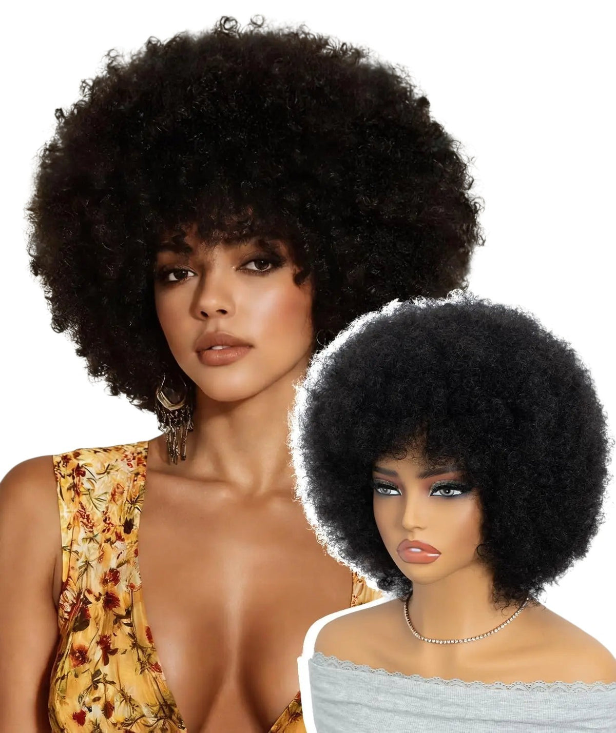 RitzWigs human hair afro wig with kinky curly texture and bangs, shown on a model and a mannequin head.