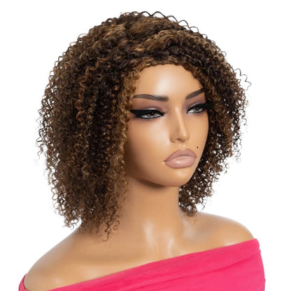 RitzWigs short kinky curly bob wig with highlights on a mannequin, featuring Brazilian Remy human hair and bangs.