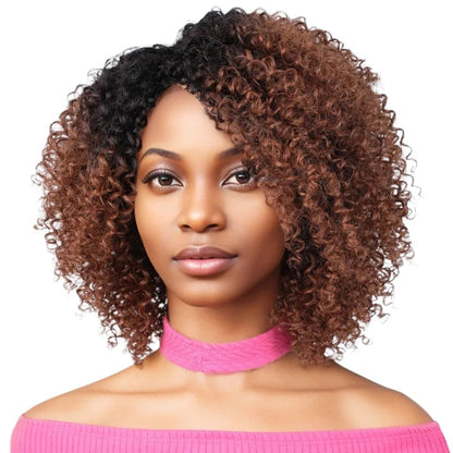 RitzWigs short kinky curly bob wig with brown and black highlights on a model
