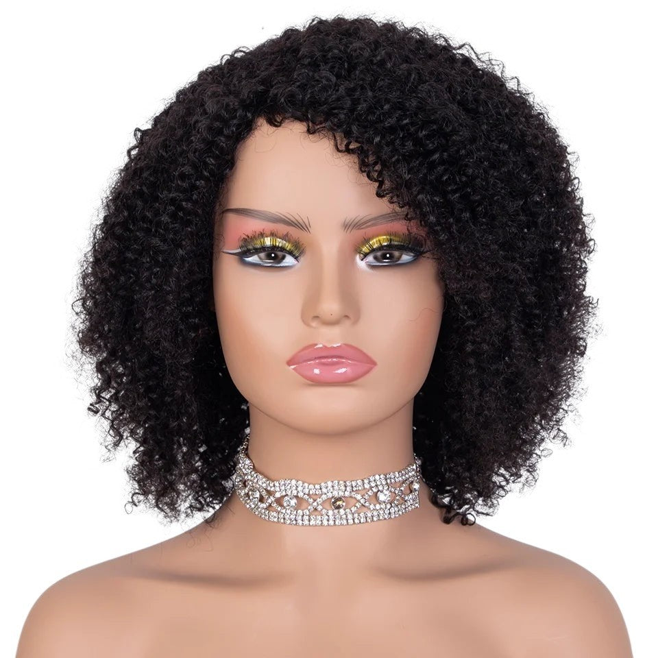 RitzWigs short kinky curly human hair bob wig with bangs on a mannequin head