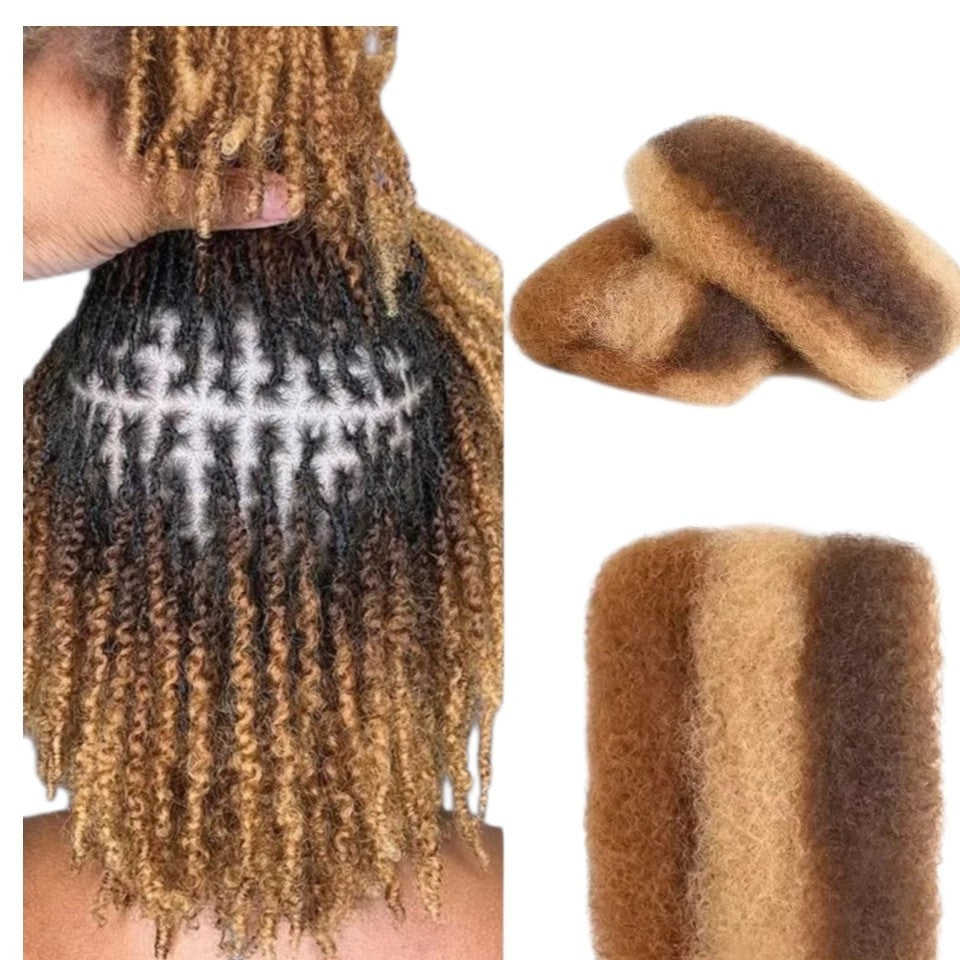 RitzWigs kinky curly bulk human hair extensions in a multi-tone brown ombre for braiding and dreadlocks.