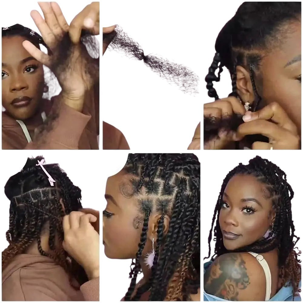 RitzWigs human hair kinky curly extensions shown in a six-step tutorial for creating braided dreadlock twists