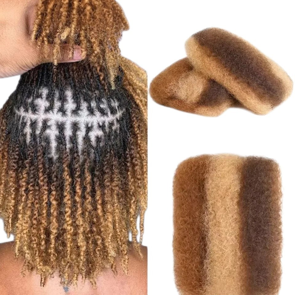 RitzWigs human hair dreadlock extensions in a kinky curly texture with a brown and blonde ombre colour gradient.