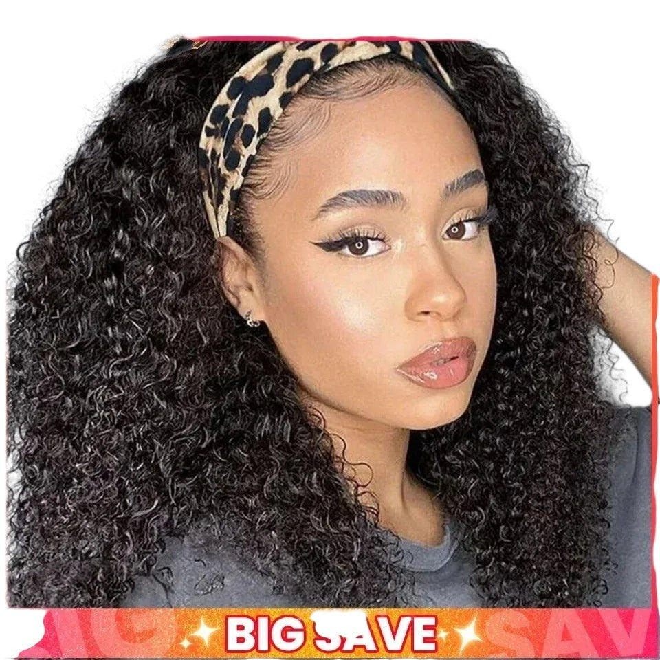 RitzWigs kinky curly human hair headband wig on a model wearing a leopard print headband