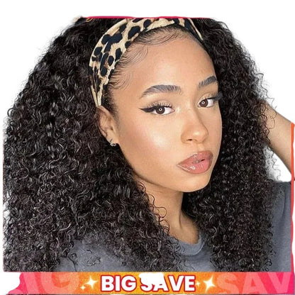 RitzWigs kinky curly human hair headband wig on a model wearing a leopard print headband