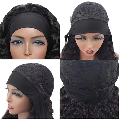 RitzWigs kinky curly human hair headband wig on a mannequin head showing the adjustable glueless cap construction