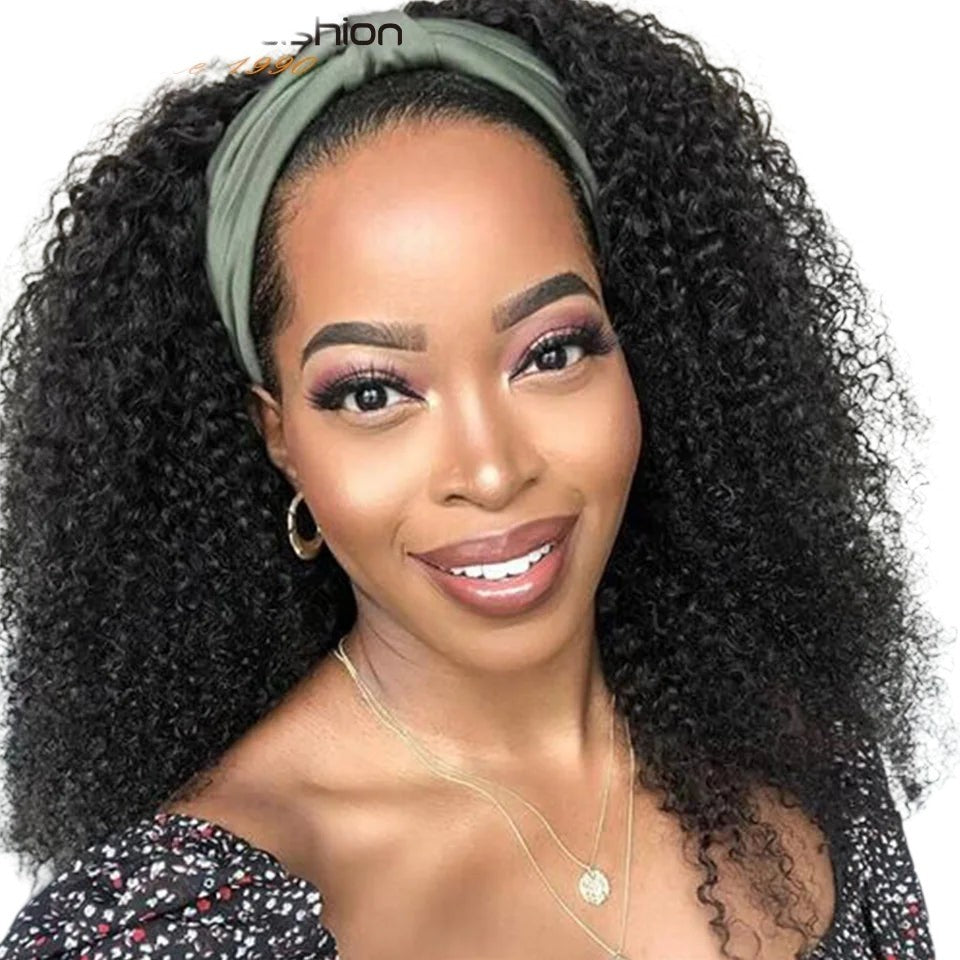 RitzWigs kinky curly human hair headband wig with olive green headband on a smiling woman