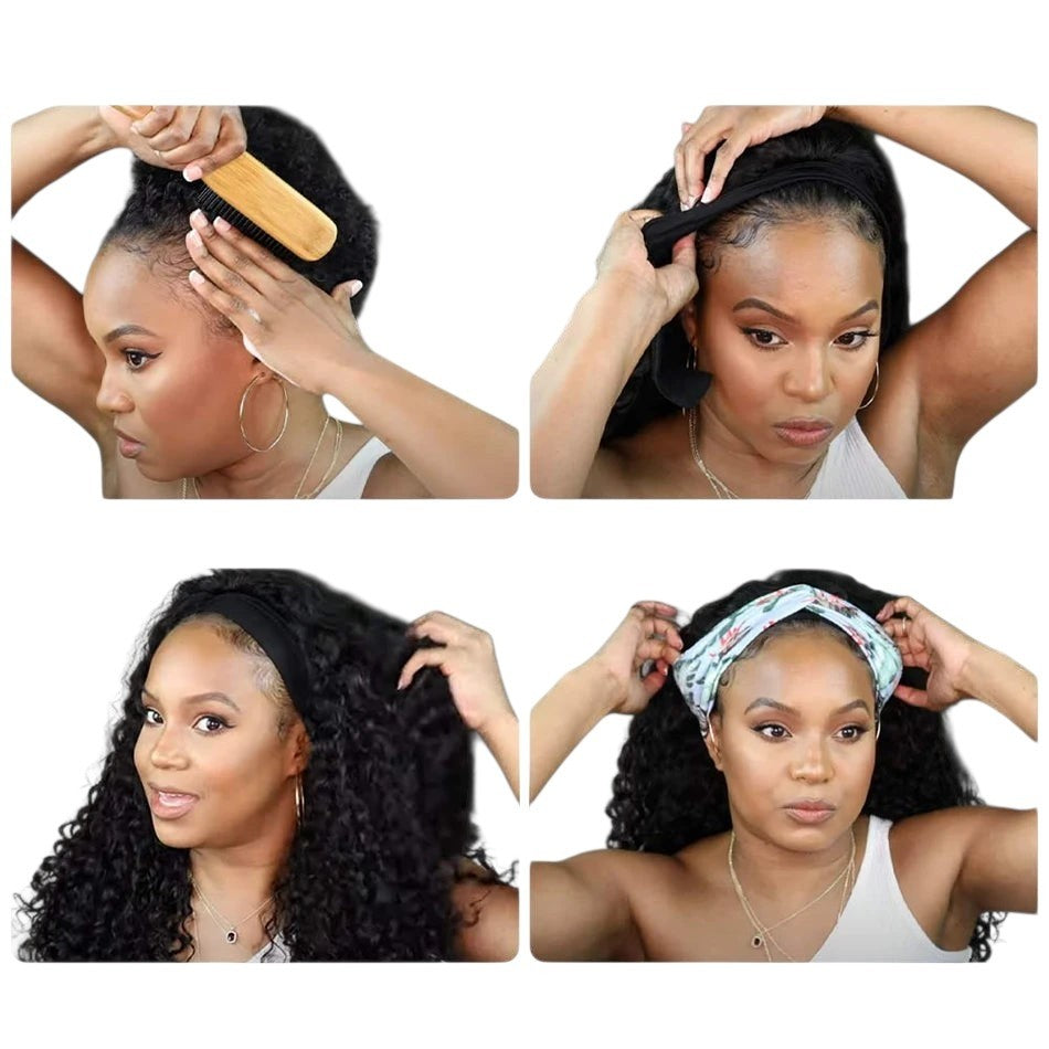 RitzWigs headband wig tutorial showing a woman applying a kinky curly human hair wig with a floral headband
