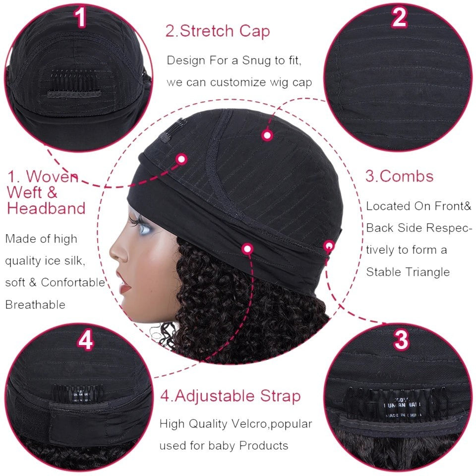 RitzWigs kinky curly human hair headband wig features showing stretch cap, combs, and adjustable velcro strap details.
