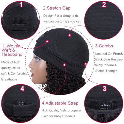 RitzWigs kinky curly human hair headband wig features showing stretch cap, combs, and adjustable velcro strap details.