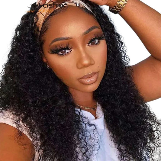 RitzWigs kinky curly Peruvian human hair headband wig with jerry curl texture on a model wearing a patterned headband